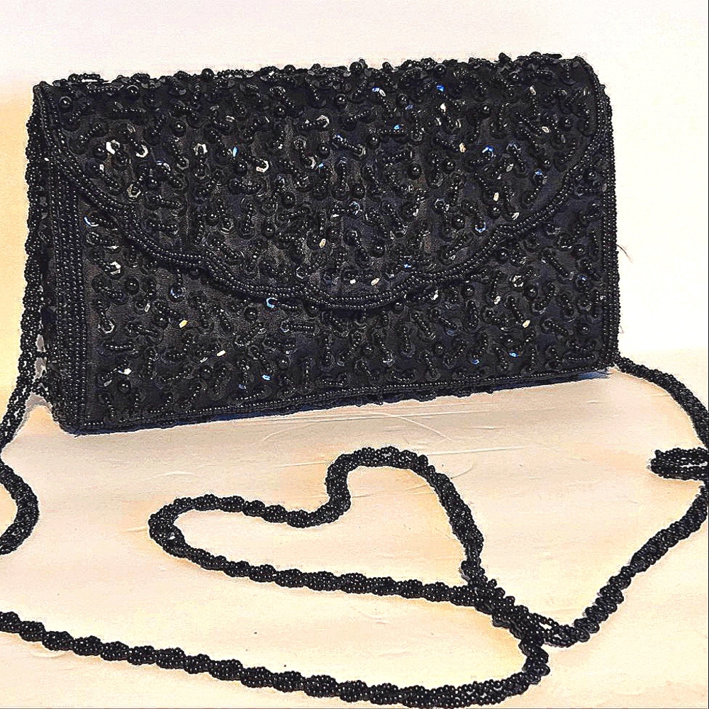 VTG 90s Hand Beaded Sequin Crossbody Evening Bag Black Satin Scalloped Clutch